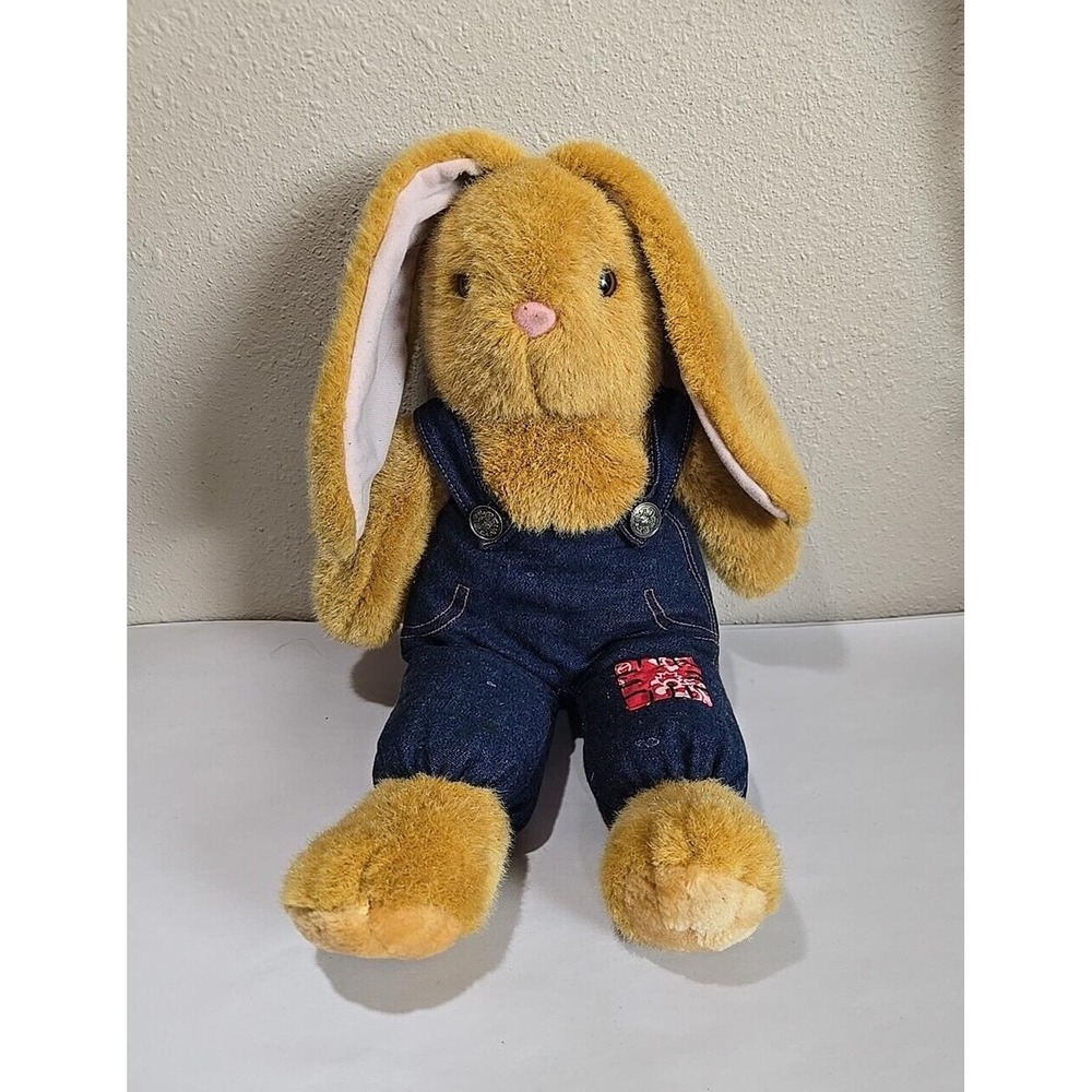 Vintage 1992 International Silver Tan Plush Bunny Rabbit Stuffed Animal Overalls
